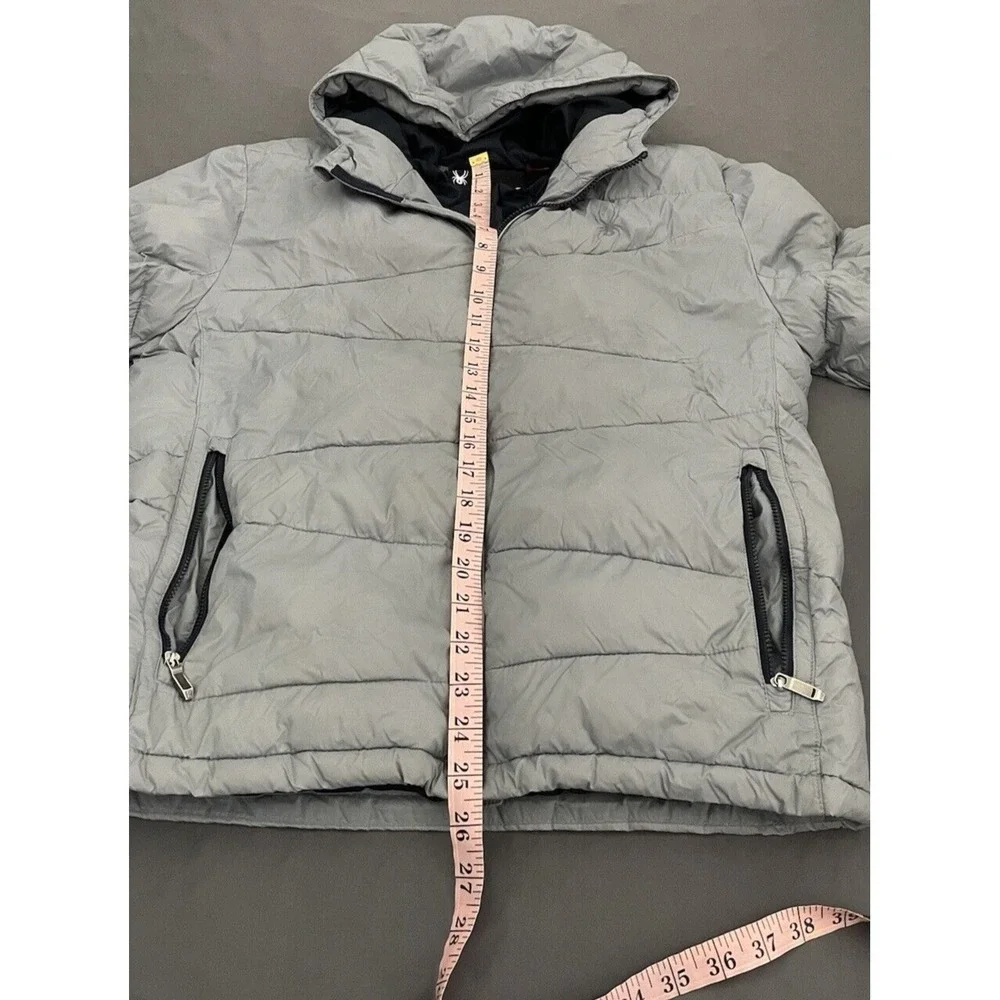 Spyder Puffer Hooded Jacket Boys Large 14/16 Gray Thermaweb Nylon‎ Thumb Holes
